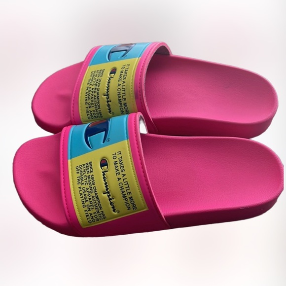 NWOT Champion Super Slide Split Script Neon Pink, Yellow & Blue SZ 6 - Picture 4 of 8